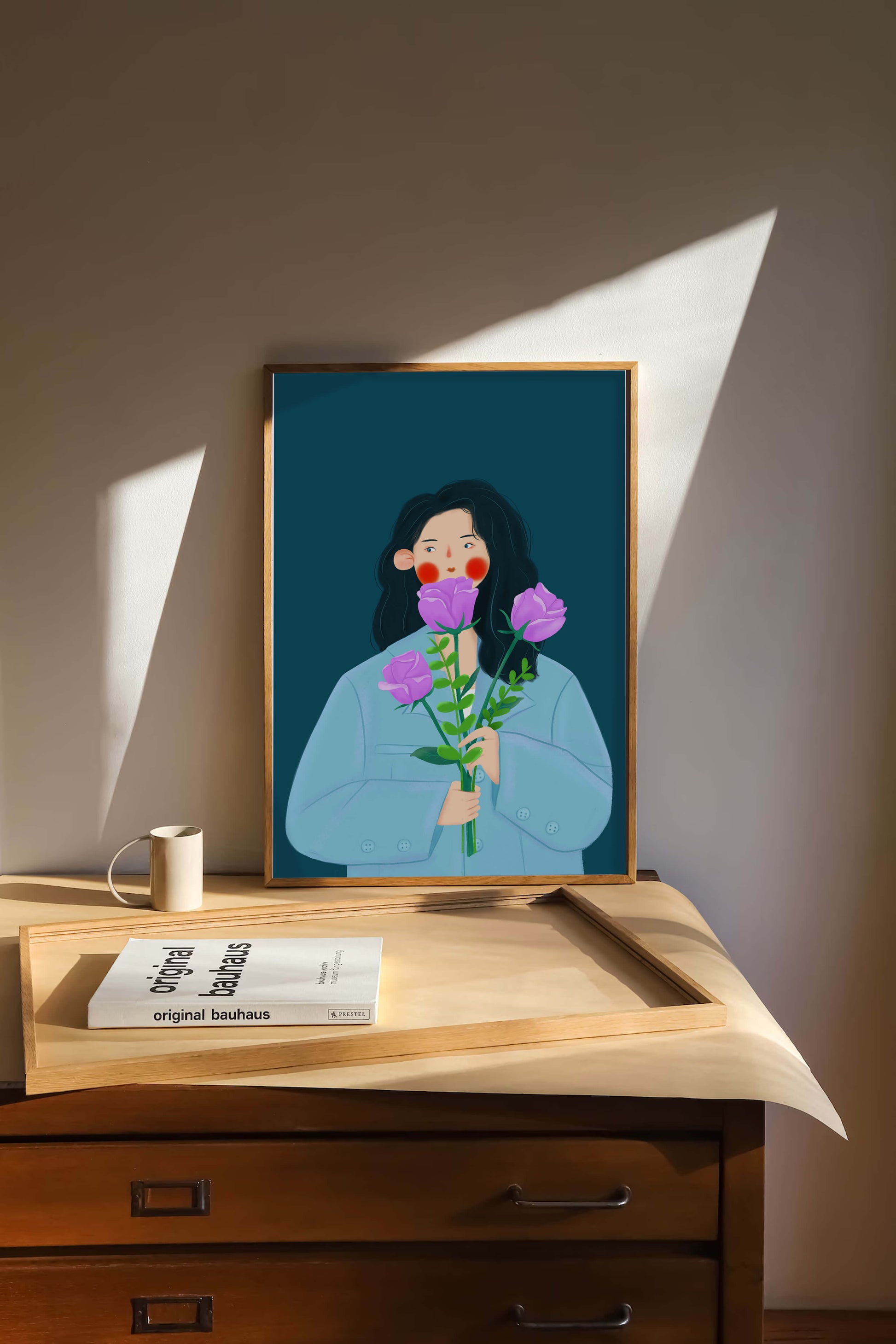 Illustration of a woman with purple flowers on a teal background