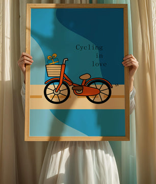 Bicicleta colorida con un regalo en la cesta sobre fondo azul