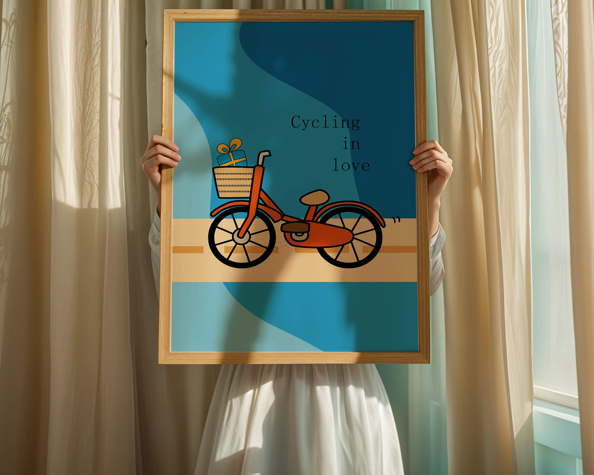 Colorful bicycle with a gift in basket against blue background
