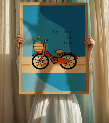 Colorful bicycle with a gift in basket against blue background