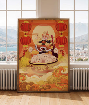 Charming festive fantasy illustration featuring lanterns and playful characters