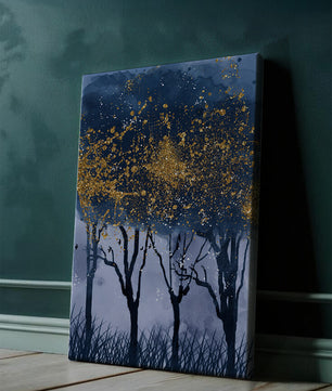 Mystical forest landscape with gold splatter art
