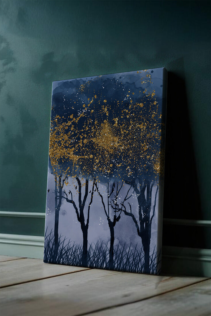 Mystical forest landscape with gold splatter art
