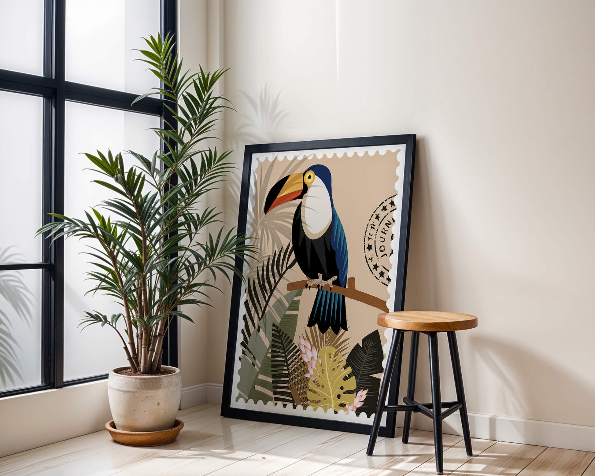 Colorful Toucan Surrounded by Tropical Leaves with Travel Stamp