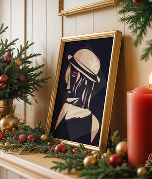 Stylized Portrait of a Woman in a Hat with Geometric Elements - Mi tienda