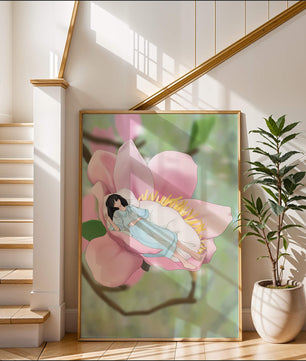Escena onírica de una mujer durmiendo en una gran flor rosa