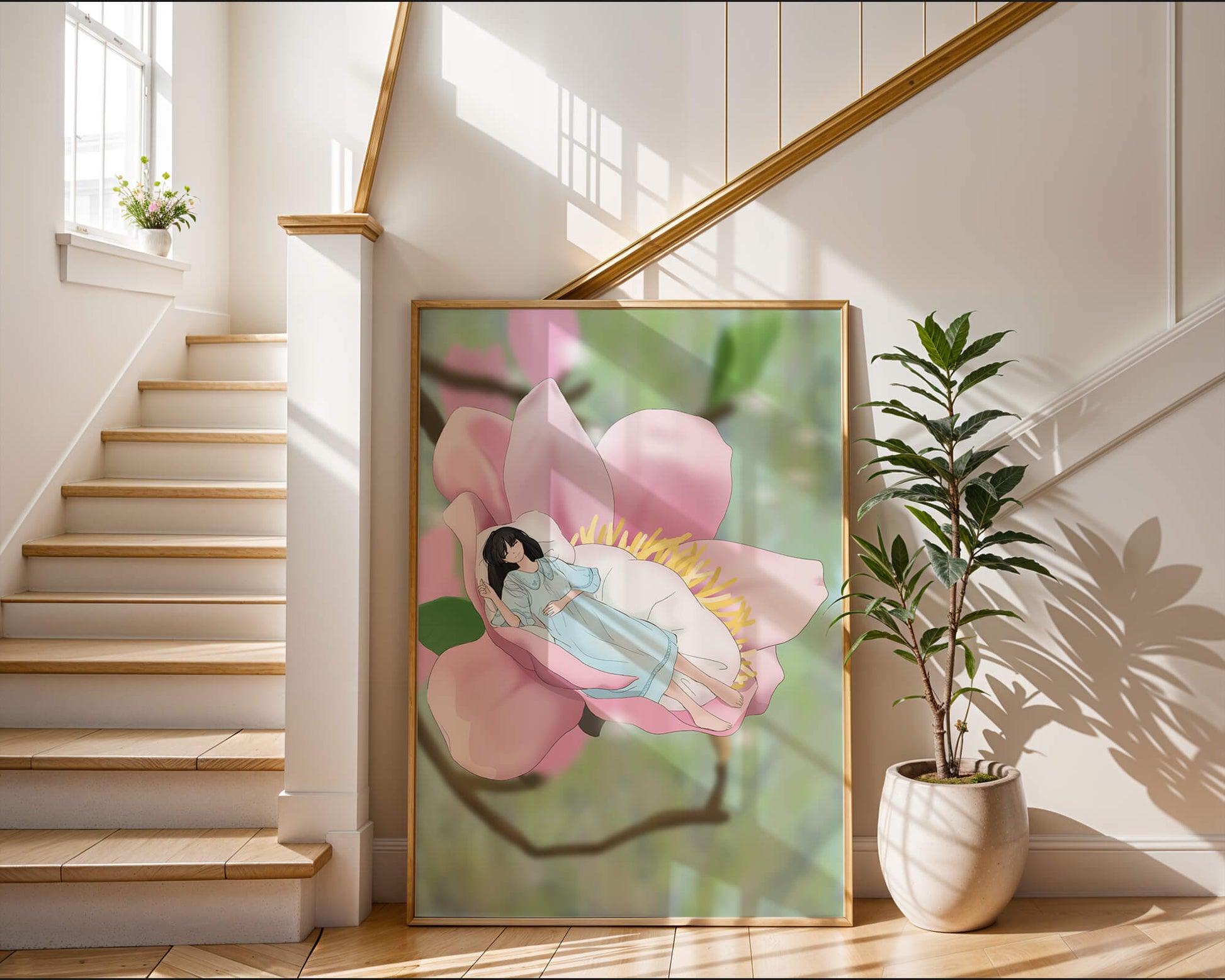 Dreamlike scene of a woman sleeping in a large pink flower