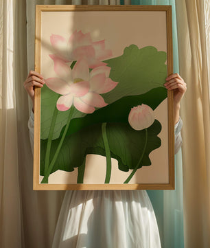 Delicate pink lotus flowers with verdant green leaves