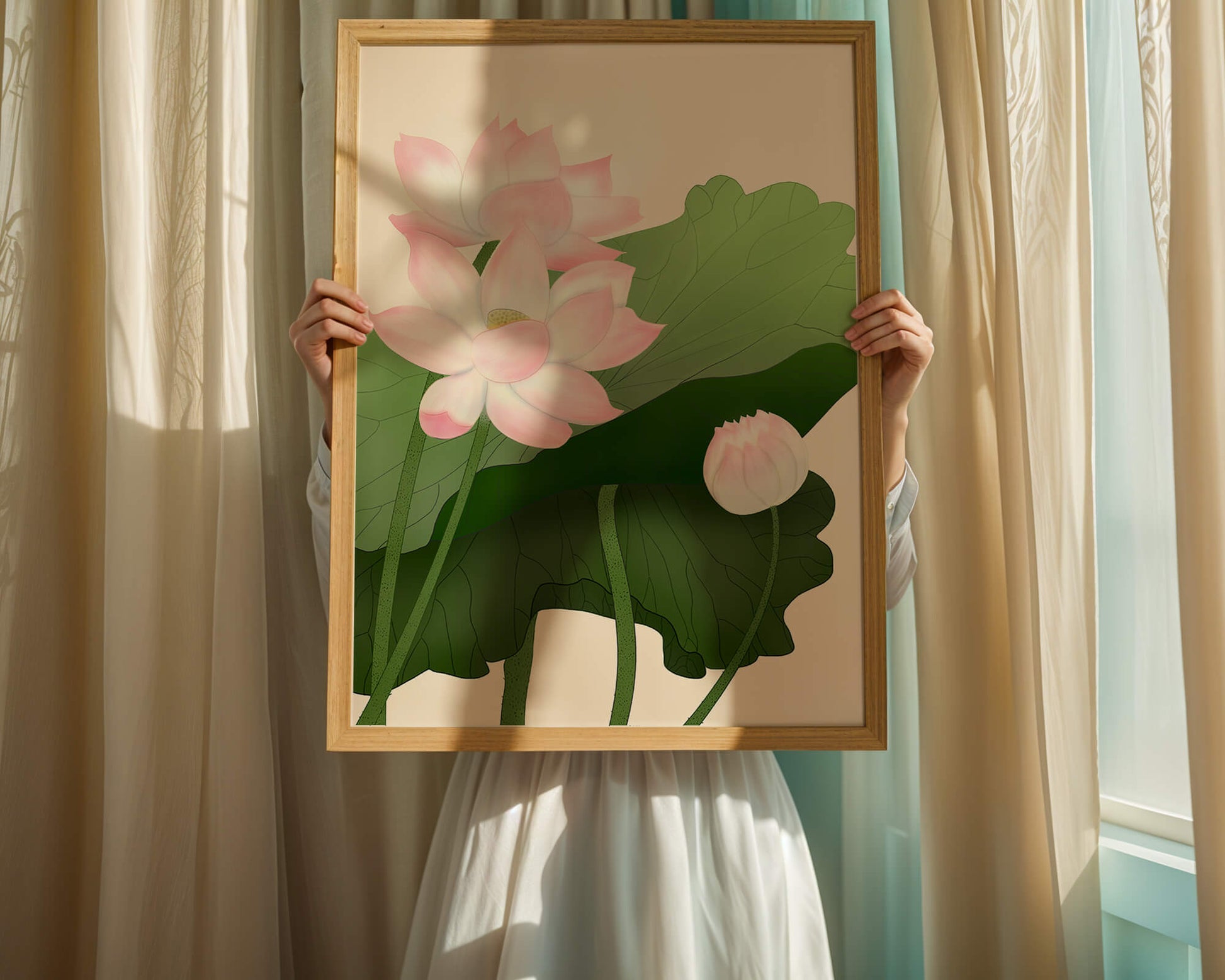 Delicate pink lotus flowers with verdant green leaves
