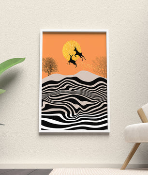 Abstract landscape with jumping deer and golden sun