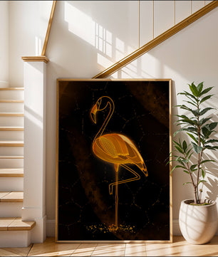 Elegant golden flamingo on abstract dark background