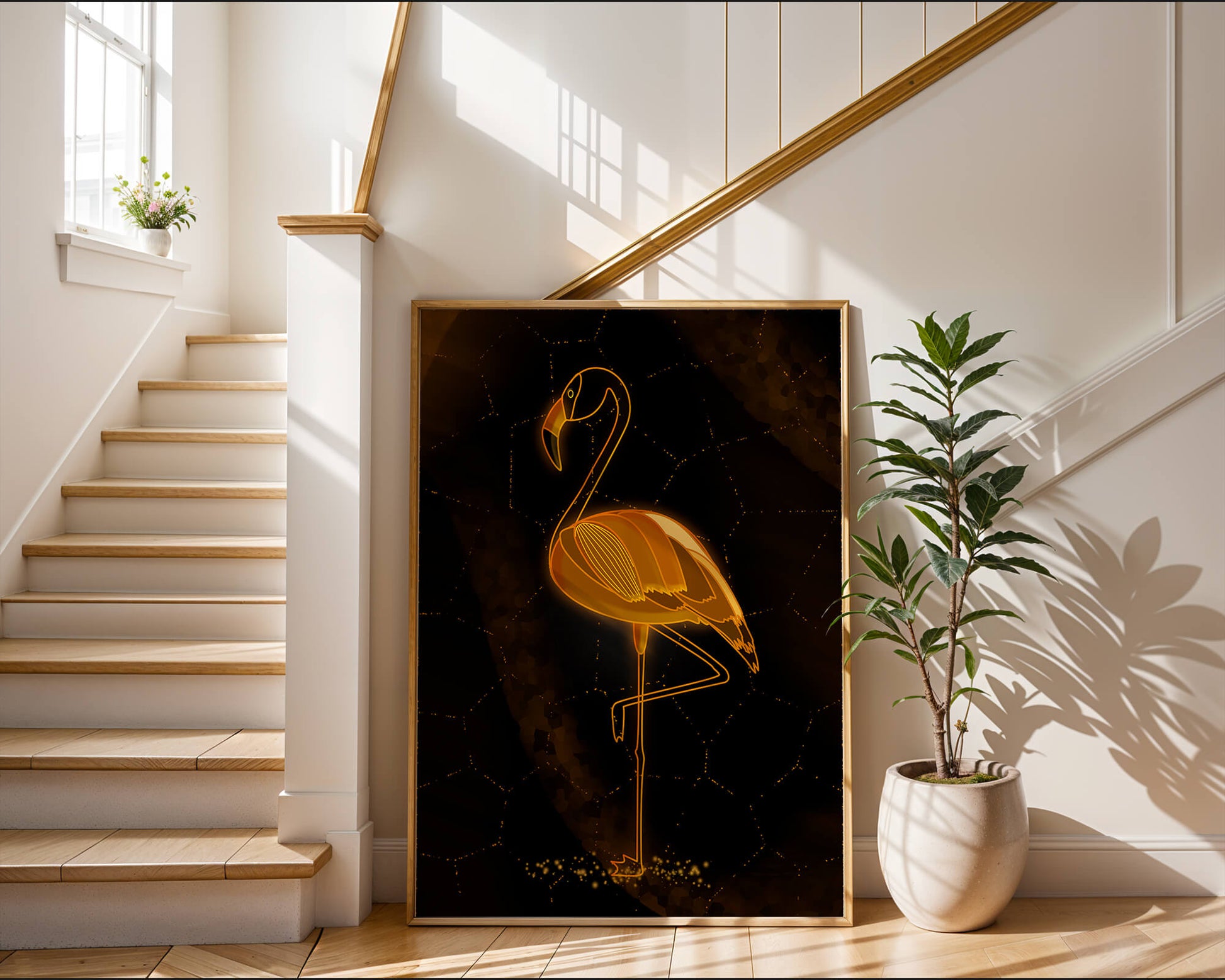 Elegant golden flamingo on abstract dark background