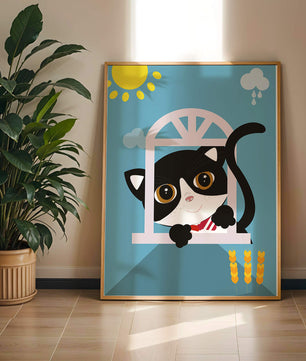 Charming black and white cat peeking through window under bright sun