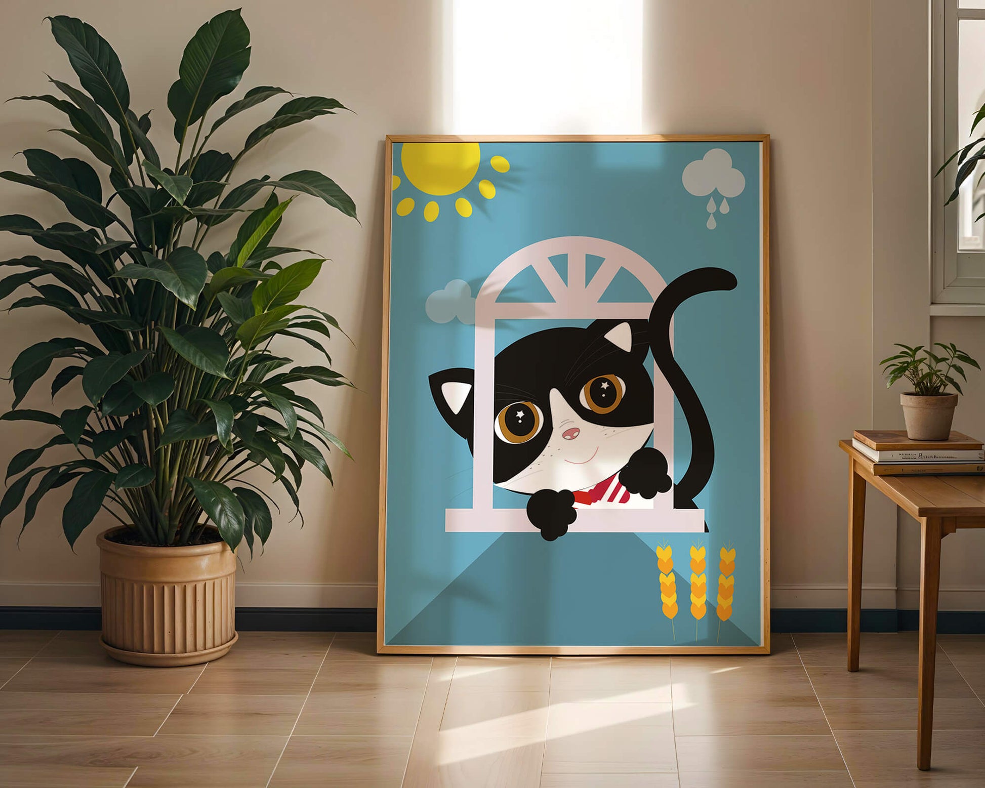 Un encantador gato blanco y negro se asoma por la ventana bajo el sol brillante.