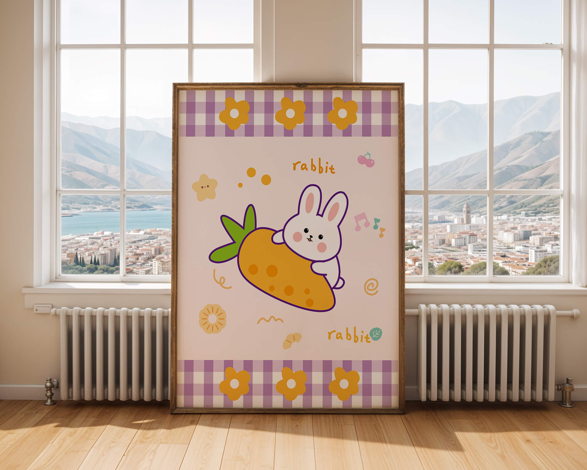 Illustrated cute rabbit with carrot on a colorful background