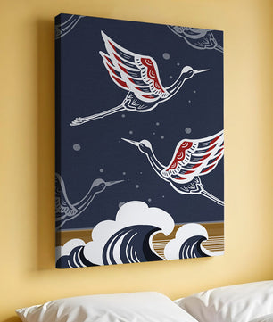 Illustrative cranes flying over ocean waves with dark background