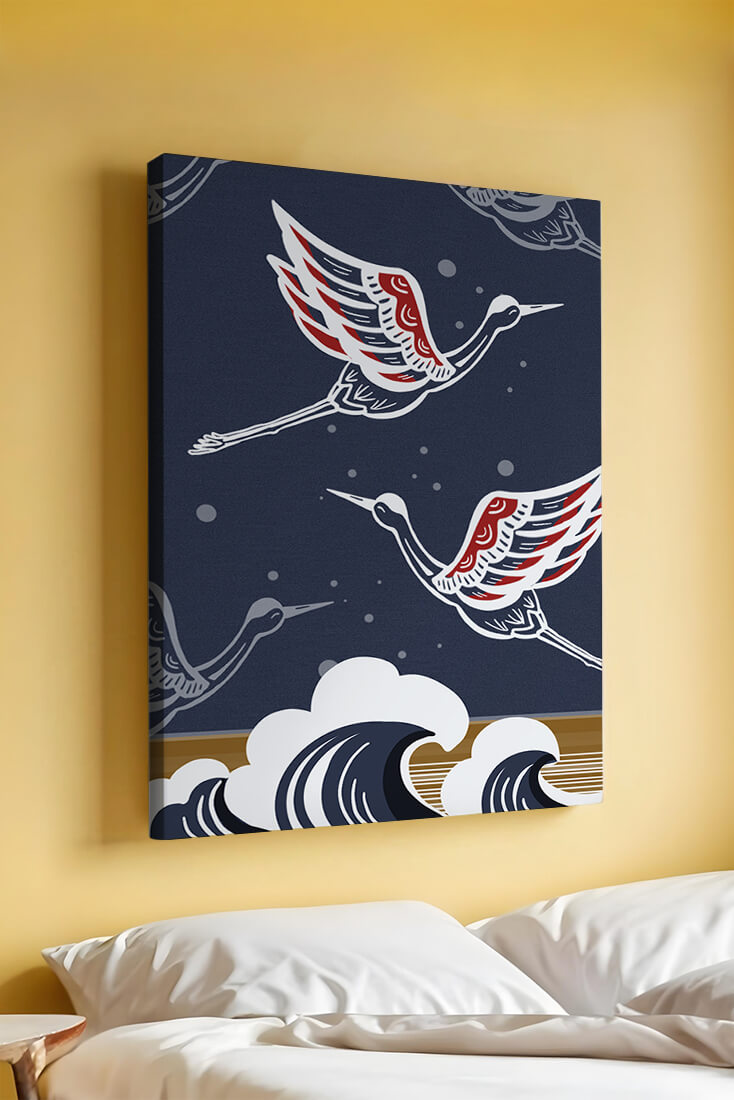 Illustrative cranes flying over ocean waves with dark background