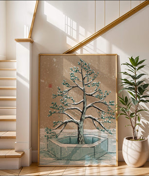 Paisaje invernal con ilustración de árbol bonsái cubierto de nieve