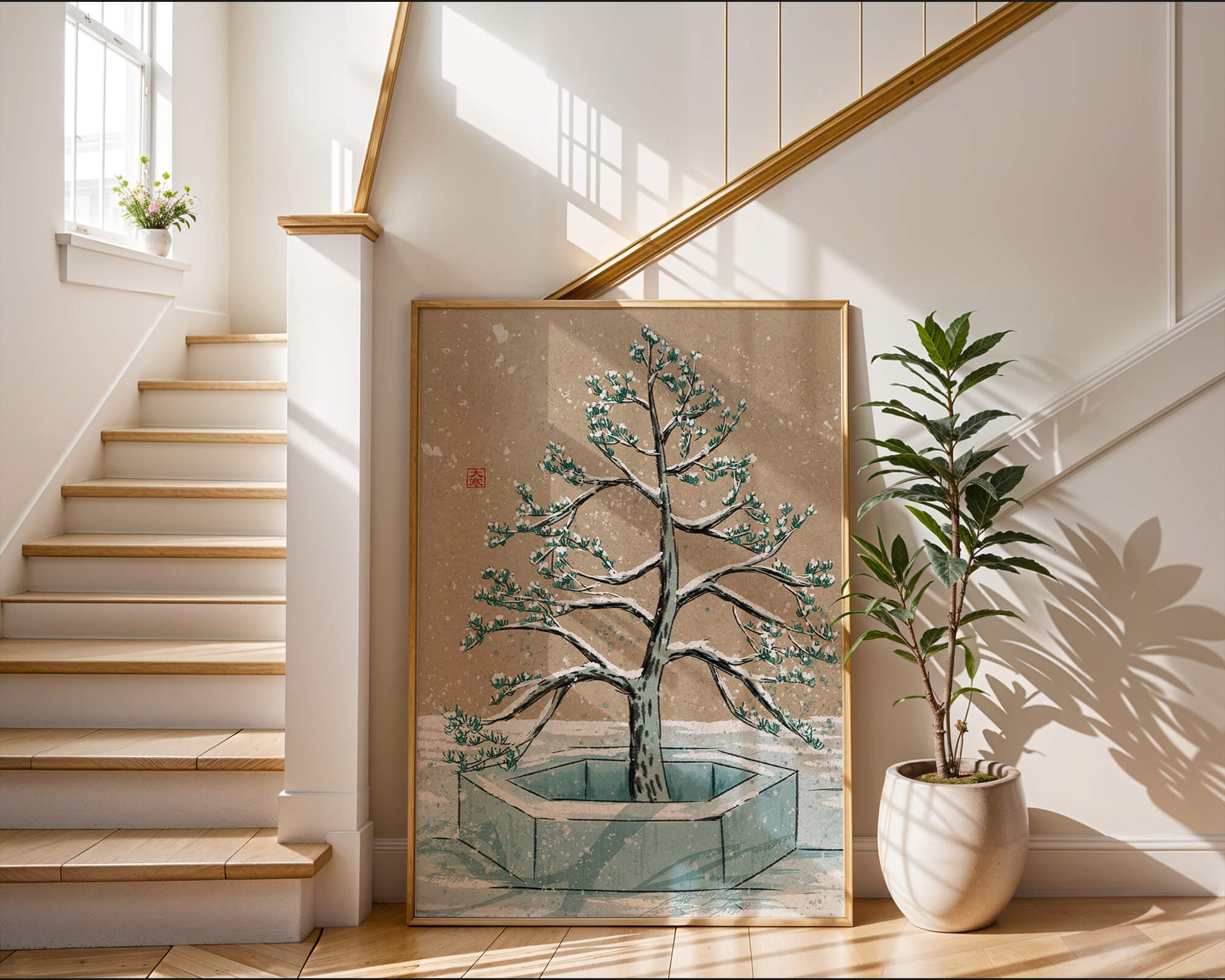 Paisaje invernal con ilustración de árbol bonsái cubierto de nieve