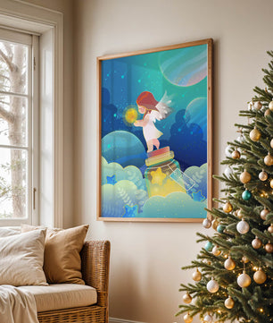 Enchanting angel collecting stars in a dreamy night sky