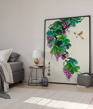 Watercolor grapevine and birds illustration with traditional art style