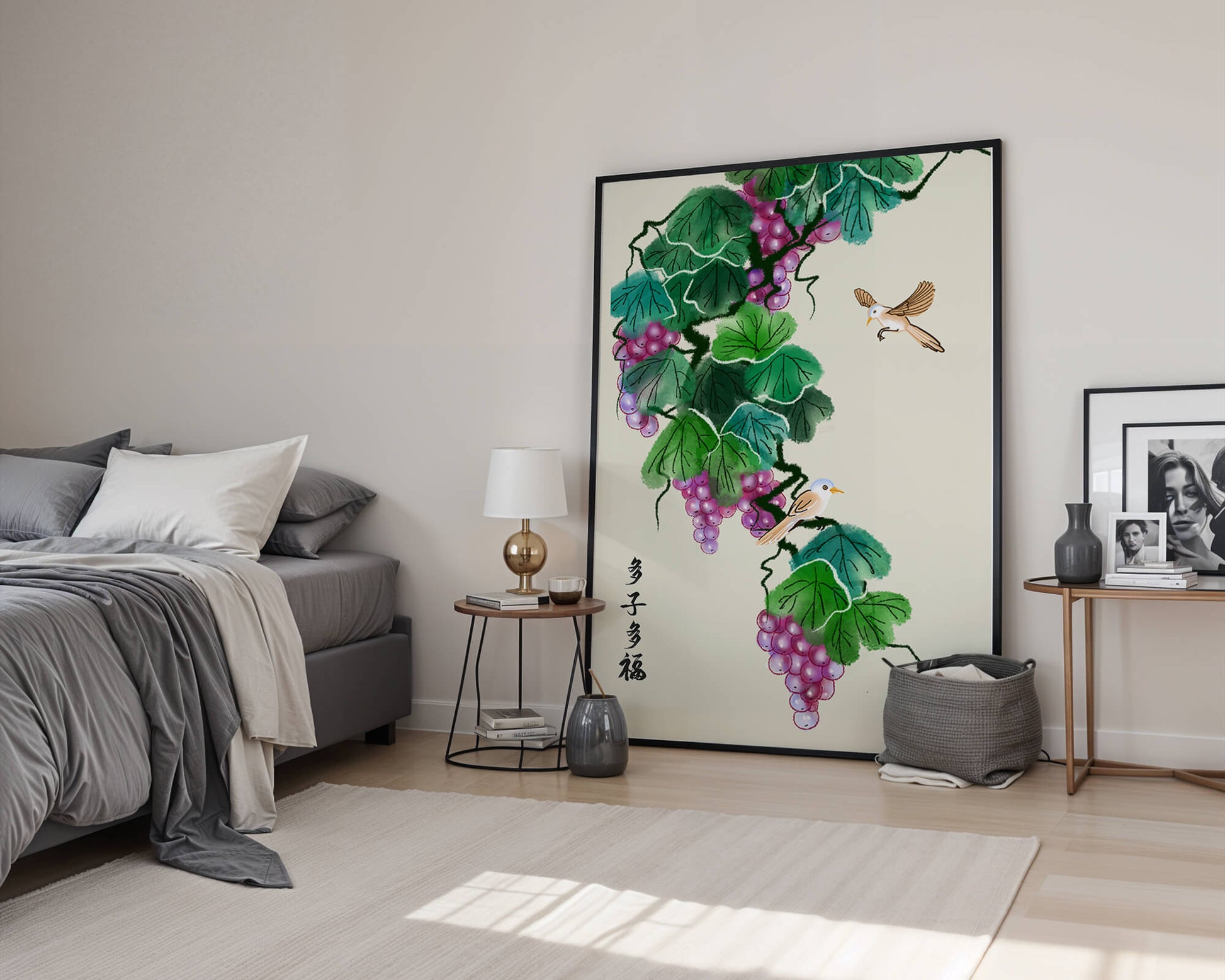 Watercolor grapevine and birds illustration with traditional art style