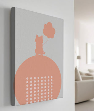 Katzensilhouette mit Ballon auf minimalistischem Kreishintergrund