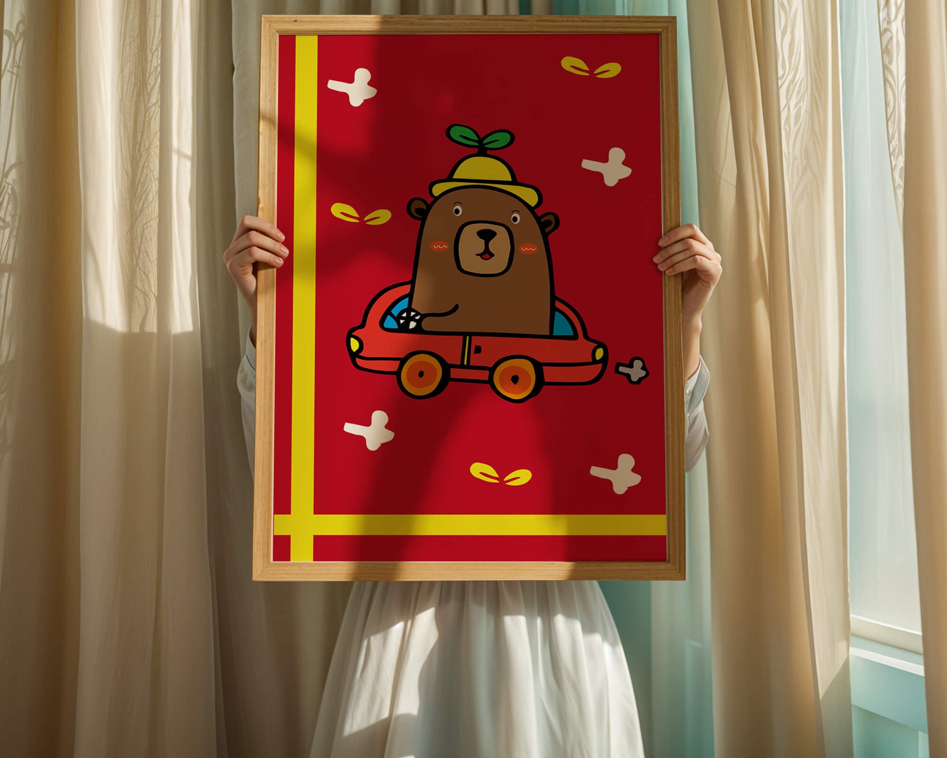 Whimsical bear driving a car on a bright red background