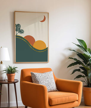 Minimalist Landscape With Mountains And Monstera Leaves At Sunset - Mi tienda