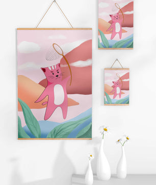 Pink Cat Holding Net in Whimsical Landscape