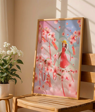 Scène printanière sereine avec des cerisiers en fleurs et une fille portant un chapeau