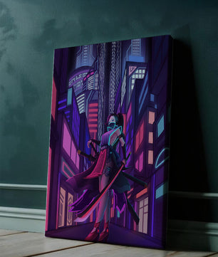 Paisaje urbano futurista de cibercpunk con una protagonista femenina y luces de neón