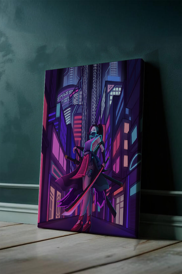 Futuristic cyberpunk cityscape with a female character and neon lights