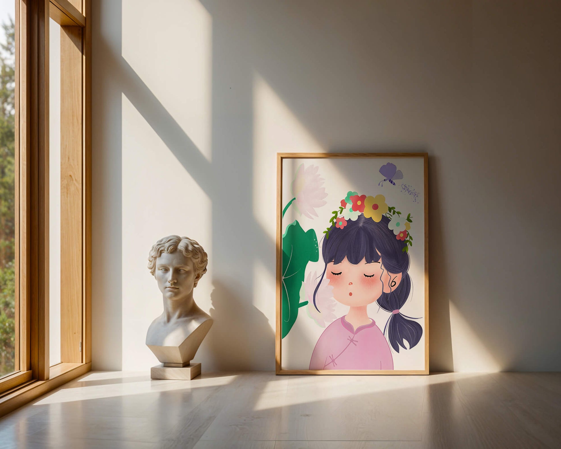 Whimsical illustration of a girl with a flower crown and butterfly