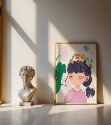 Whimsical illustration of a girl with a flower crown and butterfly