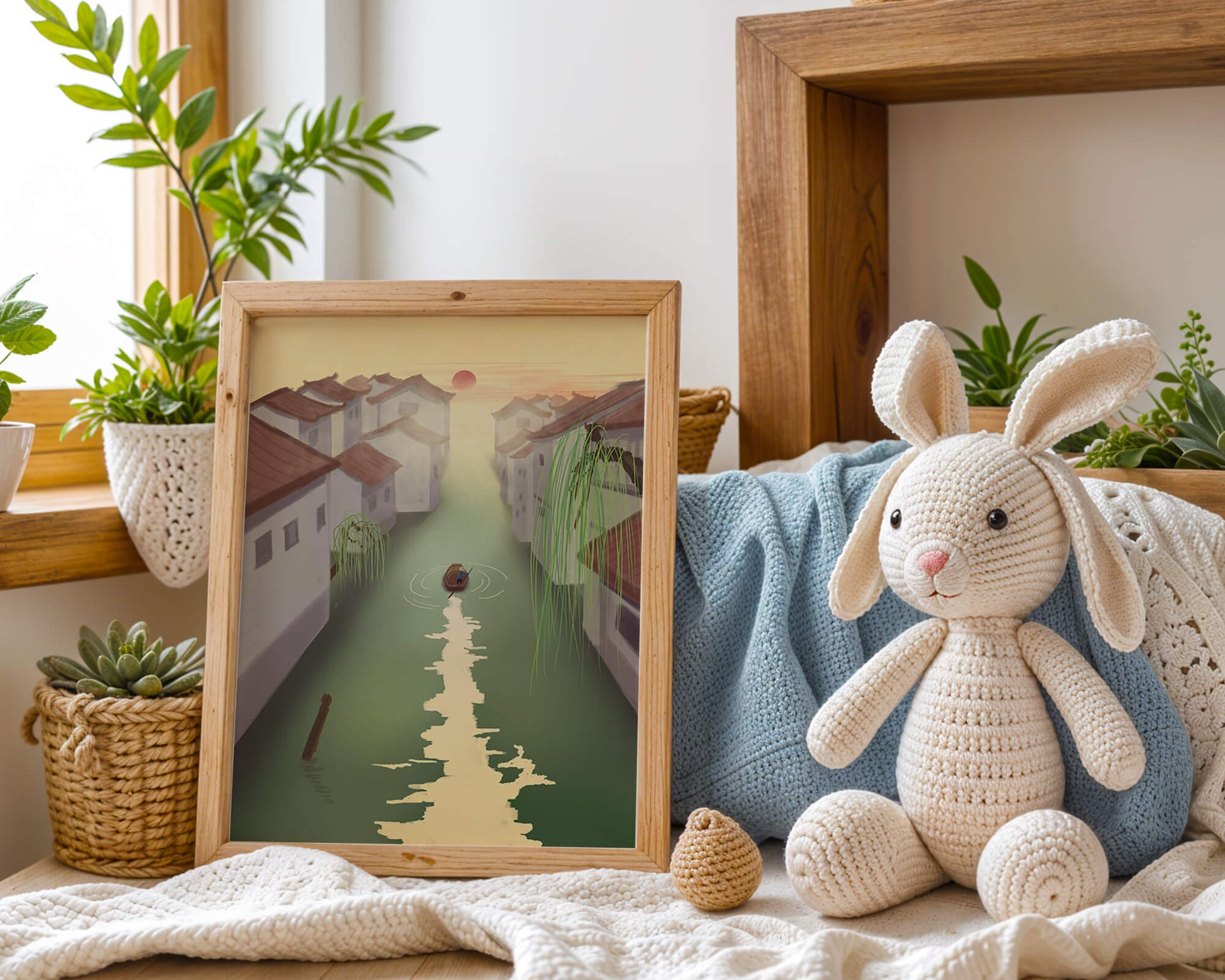 Tranquil river scene with traditional architecture and sunset