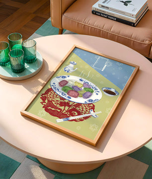 Colorful dumplings and tea set on decorative mat