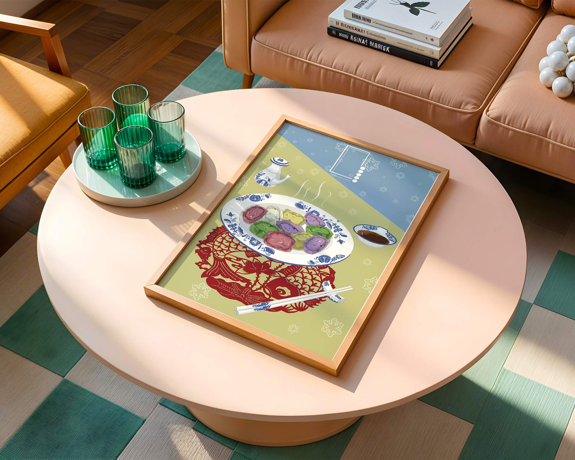 Colorful dumplings and tea set on decorative mat