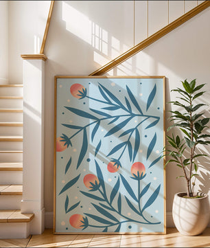 Abstract botanical pattern with colorful flowers and leaves on light blue background