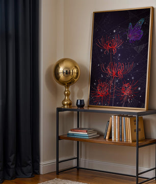 Vivid Night Sky with Red Spider Lilies and Purple Butterfly - Mi tienda