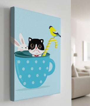 Playful illustration of cat, rabbit, and bird in a teacup