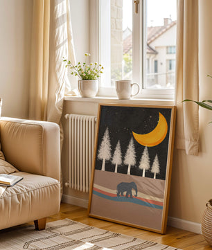 Serene Night Scene with Elephant Under Golden Moon in Forest - Mi tienda