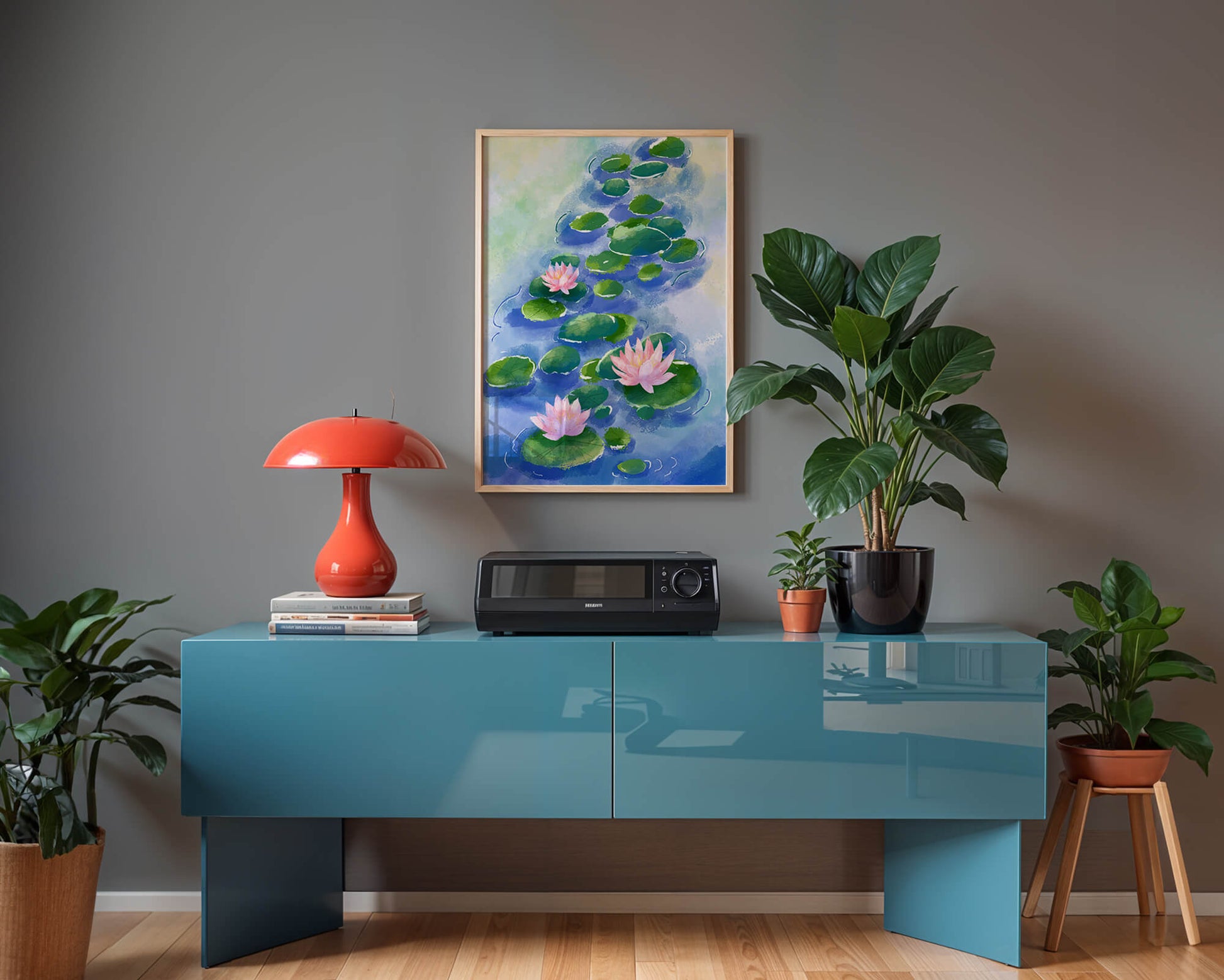 Escena acuática serena con flores de loto rosadas y nenúfares sobre una superficie de agua tranquila.
