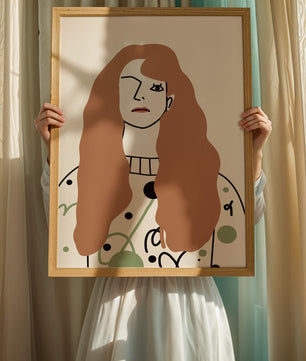 Minimalist Portrait of a Woman with Long Hair and Abstract Design Elements - Mi tienda