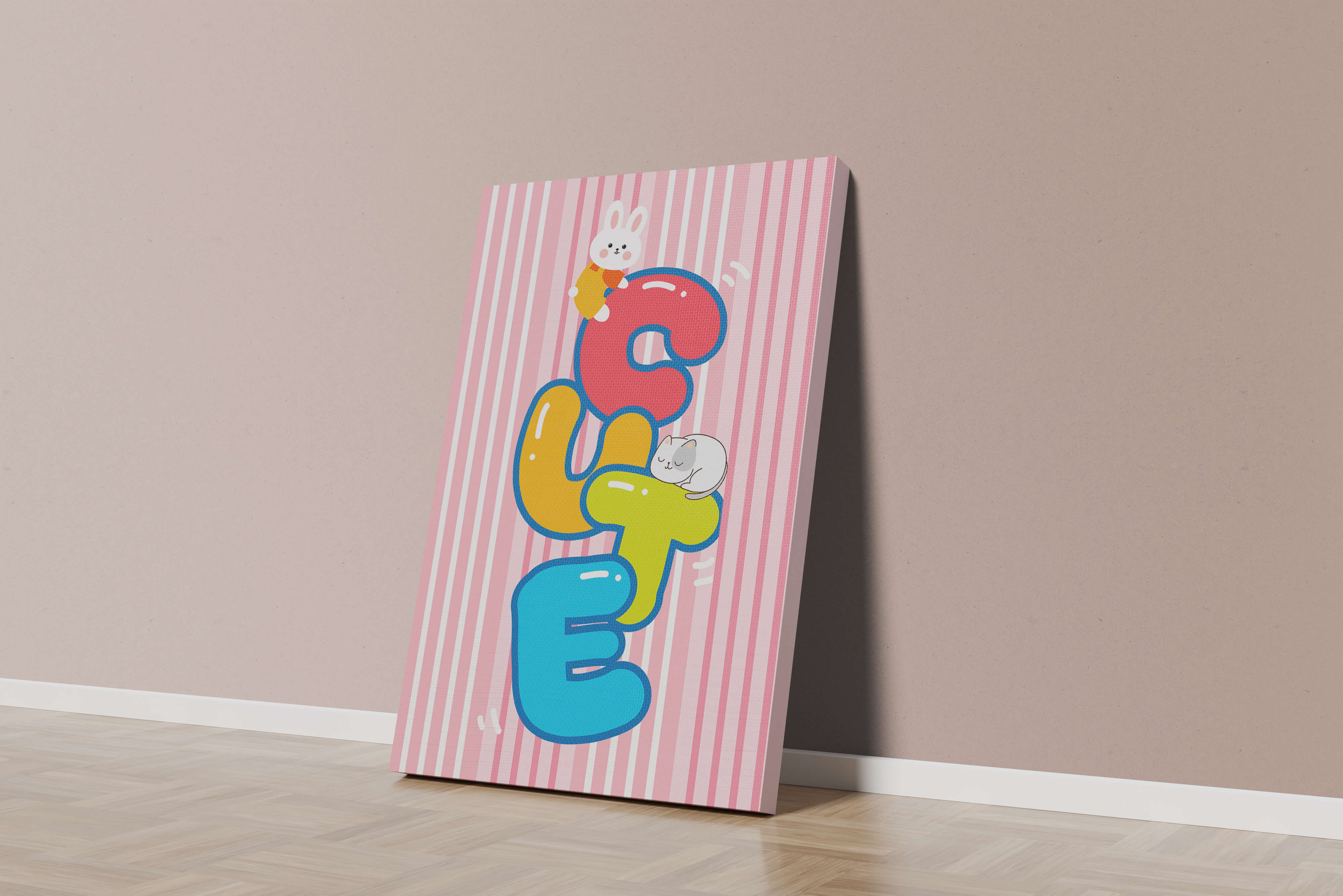 Playful cute illustration with bunny and kitten on colorful letters
