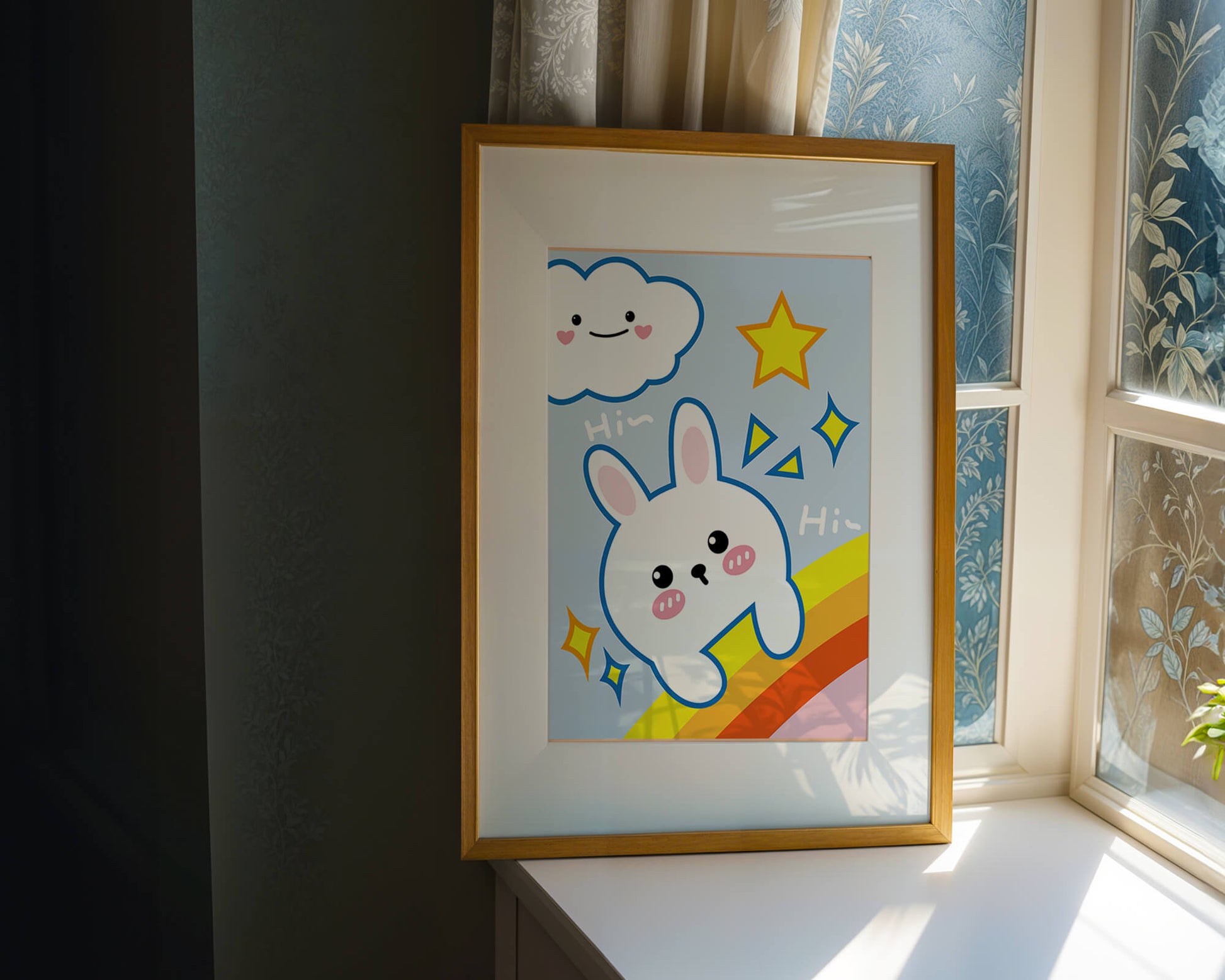 Whimsical cartoon bunny with cloud and rainbow theme