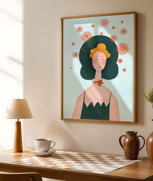 Whimsical Portrait of a Woman with Green Hair and Abstract Circles - Mi tienda