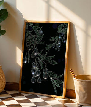 Elegante botanische Illustration mit leuchtenden Früchten und Blättern
