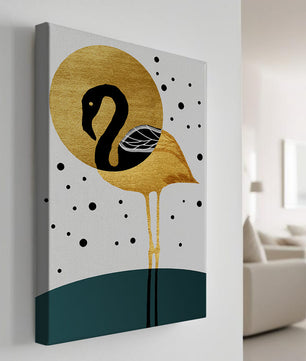 Ilustración elegante de flamenco dorado y negro con elementos de puntos abstractos