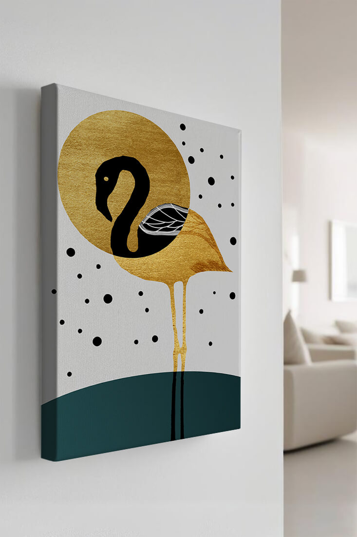 Elegante ilustración de flamenco dorado y negro con elementos de puntos abstractos